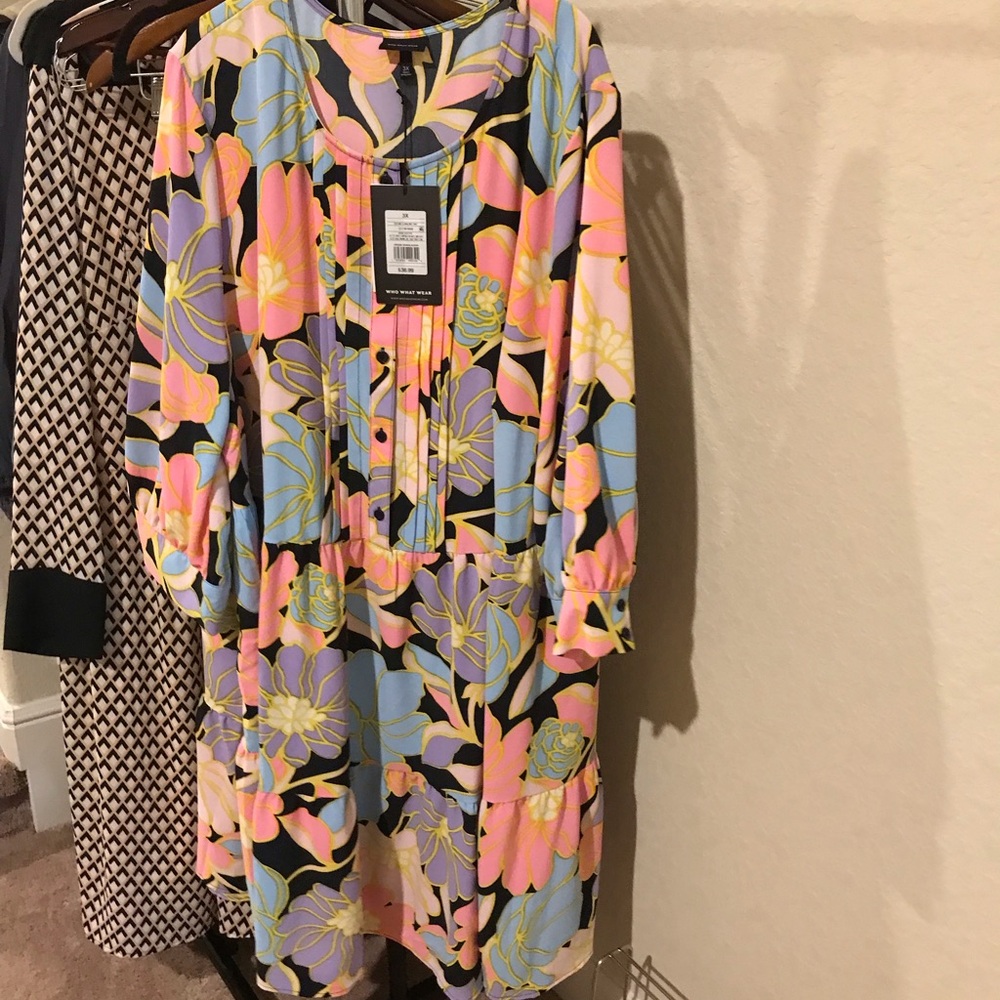 Who What Wear Black Floral Midi Dress with Pastel Pink, Blue & Purple